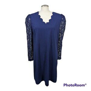 Emery Rose Womens Size XL Dress Navy Blue Scallop Trim Lace Long Sleeve Midi